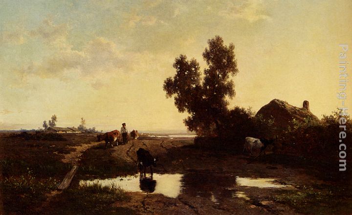 A Cowherd And His Cattle At Sunset painting - Willem Roelofs A Cowherd And His Cattle At Sunset art painting